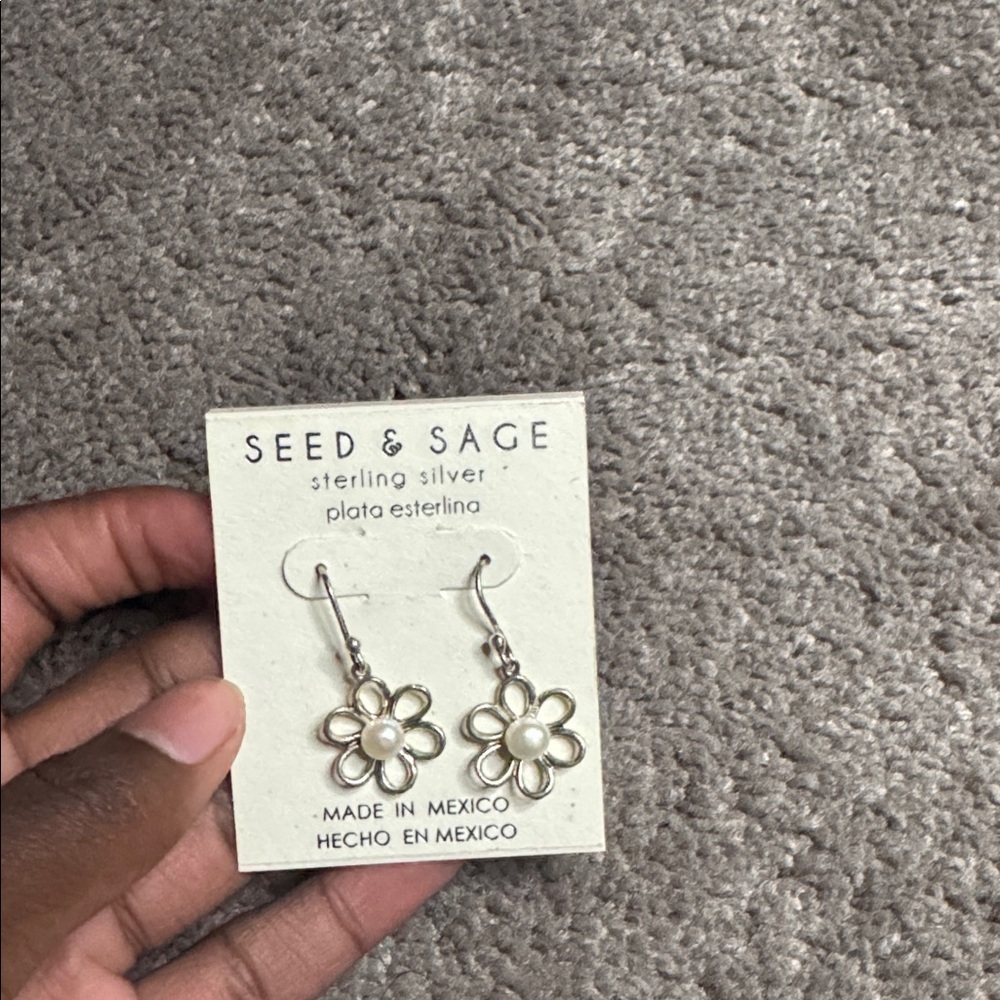 Seed & Sage Sterling Silver Daisy Flower Faux Pearl Dangle Earrings NWT